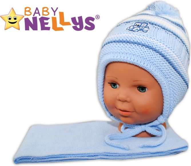 Baby Nellys BABY NELLYS Zimní čepička s šálou - Autíčko - pruhy, sv. modré 6/18měsíců - obrázek 1