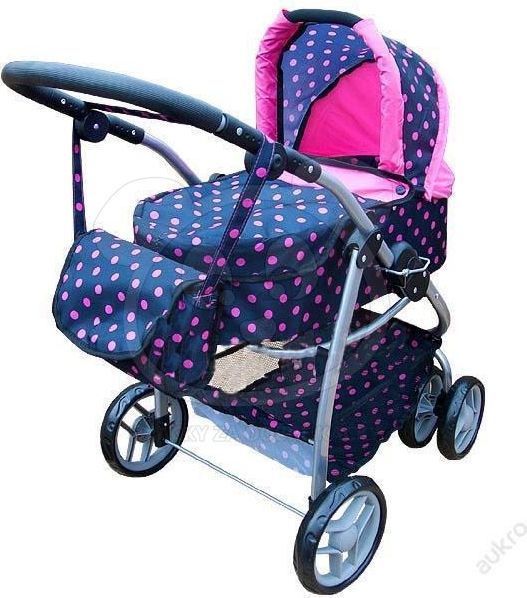 Kombinovaný kočárek pro panenky Doris 9662 - tmavý s růžovými puntíky - obrázek 1
