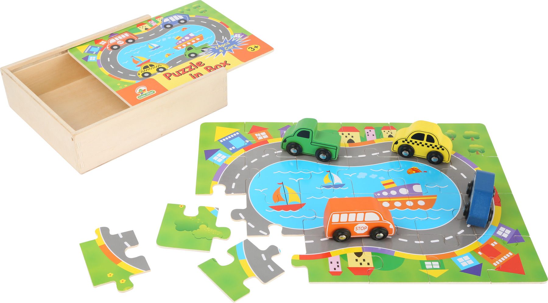 Legler Small Foot Dřevěné puzzle doprava s autíčky 2v1 - obrázek 1