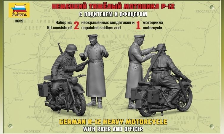 ZVEZDA Model Kit military 3632 - German R-12 Heavy Motorcycle with Rider (1:35) - obrázek 3