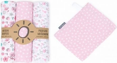 Mamo Tato Mušelínové plenky 3ks + žínka zdarma - srdíčka, květinky pink - obrázek 1