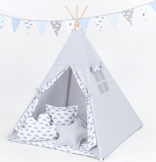 Baby Nellys Polštáře pro stan teepee, týpí - šedá/mráčky šedé na bílém - obrázek 2