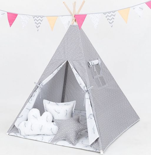 Baby Nellys Polštáře pro stan teepee, týpí - mini hvězdičky bílé na šedém / víly šedé - obrázek 2