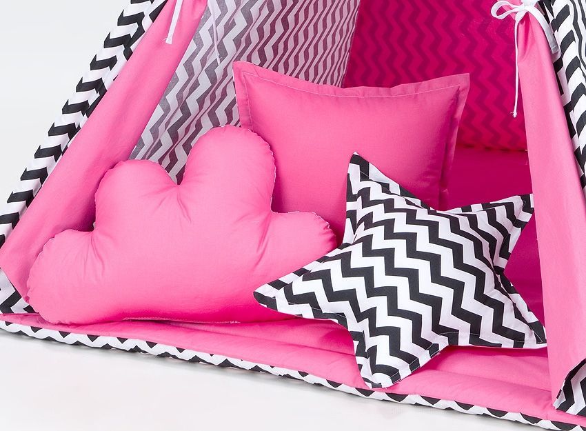 Baby Nellys Polštáře pro stan teepee, týpí - cikcak černý/ tmavě růžový - obrázek 1