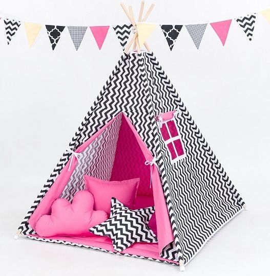 Baby Nellys Polštáře pro stan teepee, týpí - cikcak černý/ tmavě růžový - obrázek 2