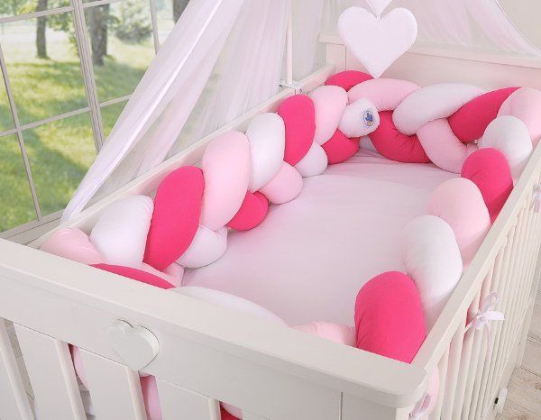 My Sweet Baby Mantinel XXL pletený do copu MAGIC LOOP okolo celé postýlky 360cm - bílá + růžová + tmavě růžová - obrázek 1