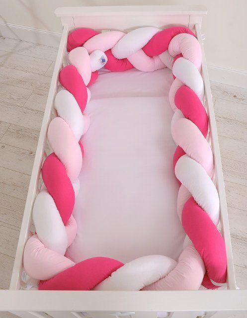 My Sweet Baby Mantinel XXL pletený do copu MAGIC LOOP okolo celé postýlky 360cm - bílá + růžová + tmavě růžová - obrázek 2