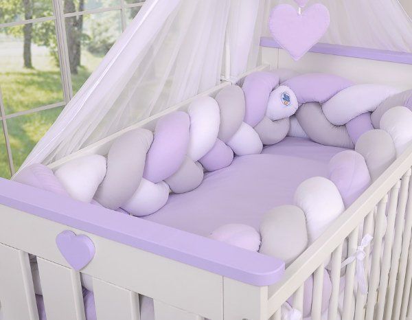 My Sweet Baby Mantinel XXL pletený do copu MAGIC LOOP okolo celé postýlky 360cm - bílá + šedá + fialová - obrázek 1