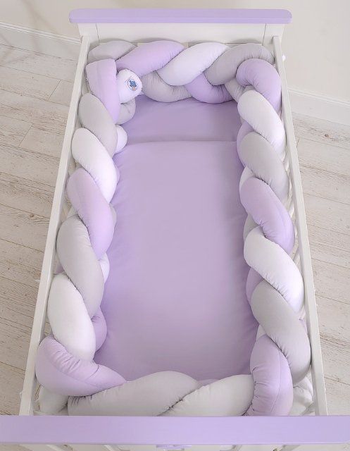 My Sweet Baby Mantinel XXL pletený do copu MAGIC LOOP okolo celé postýlky 360cm - bílá + šedá + fialová - obrázek 2