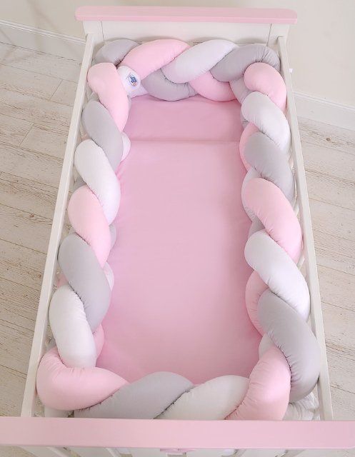 My Sweet Baby Mantinel XXL pletený do copu MAGIC LOOP okolo celé postýlky 360cm - bílá + šedá + růžová - obrázek 2