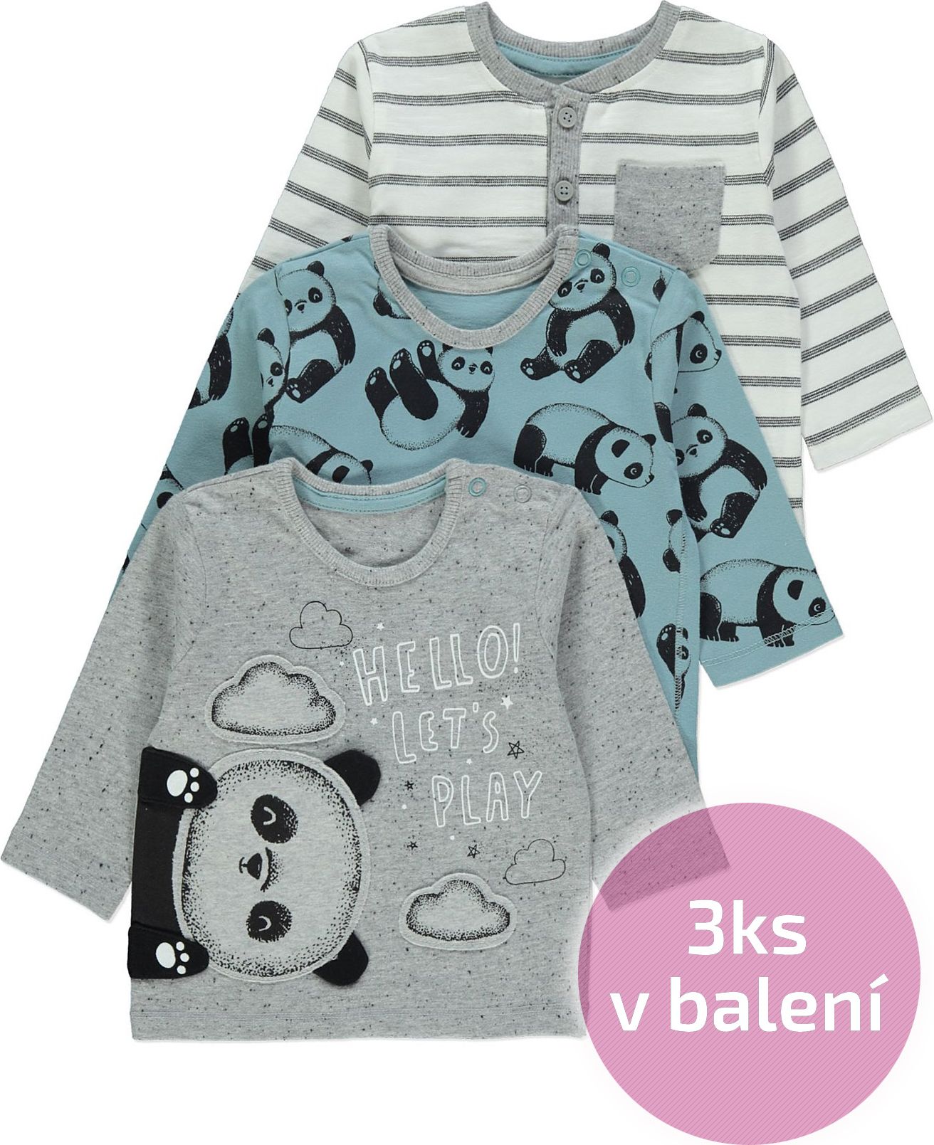 Kojenecká trička GEORGE, 3ks v balení, dlouhý rukáv, motiv panda Velikost: 74 - 80cm (9 - 12 měsíců) - obrázek 1