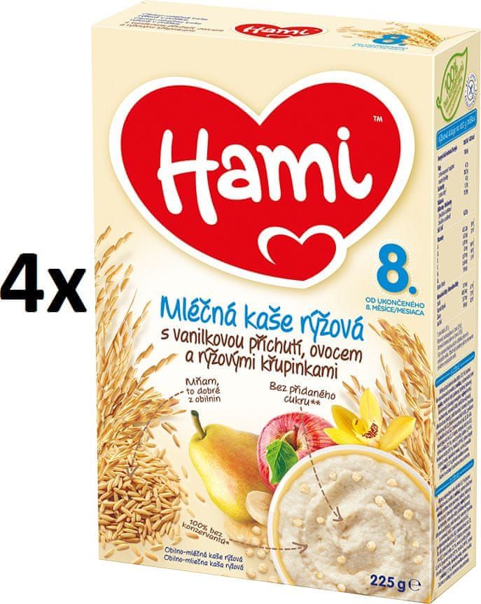 Hami mléčná kaše rýžová s vanilkovou příchutí, ovocem a rýžovými křupinkami 4x 225g, 8+ - obrázek 1