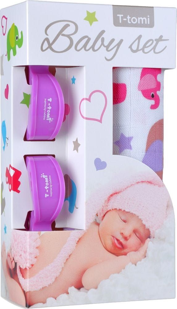 T-Tomi Baby set - bambusová osuška růžoví sloni + kočárkový kolíček fialový - obrázek 1