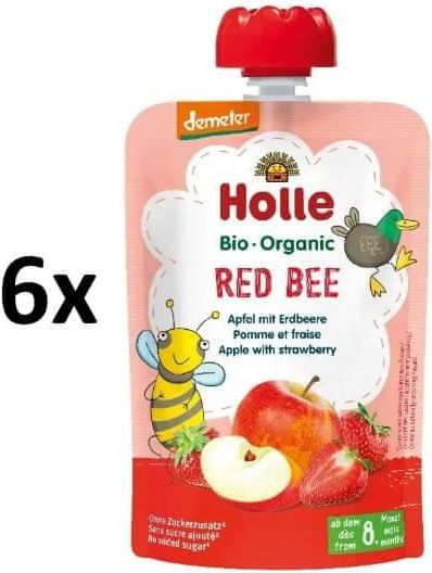 Holle Bio Red Bee 100% ovocné pyré jablko s jahodami - 6 x 100g - obrázek 1