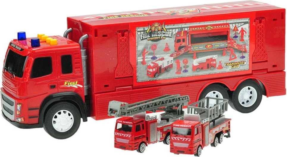 Mikro hračky Kamion 40 cm na setrvačník na baterie se světlem a zvukem + 2 auta hasiči kov 12 cm - obrázek 1