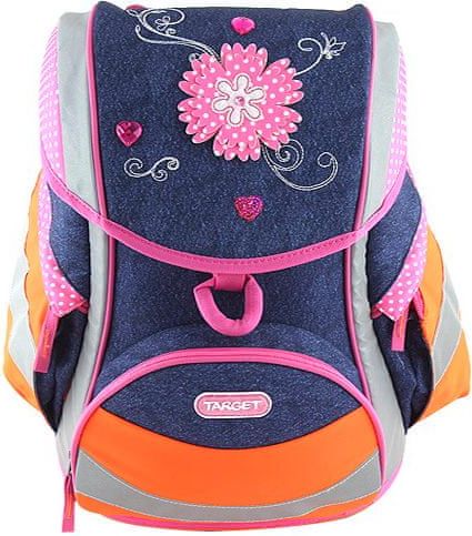Target Školní aktovka , Jeans, růžový květ - reflexní, modrá - obrázek 1