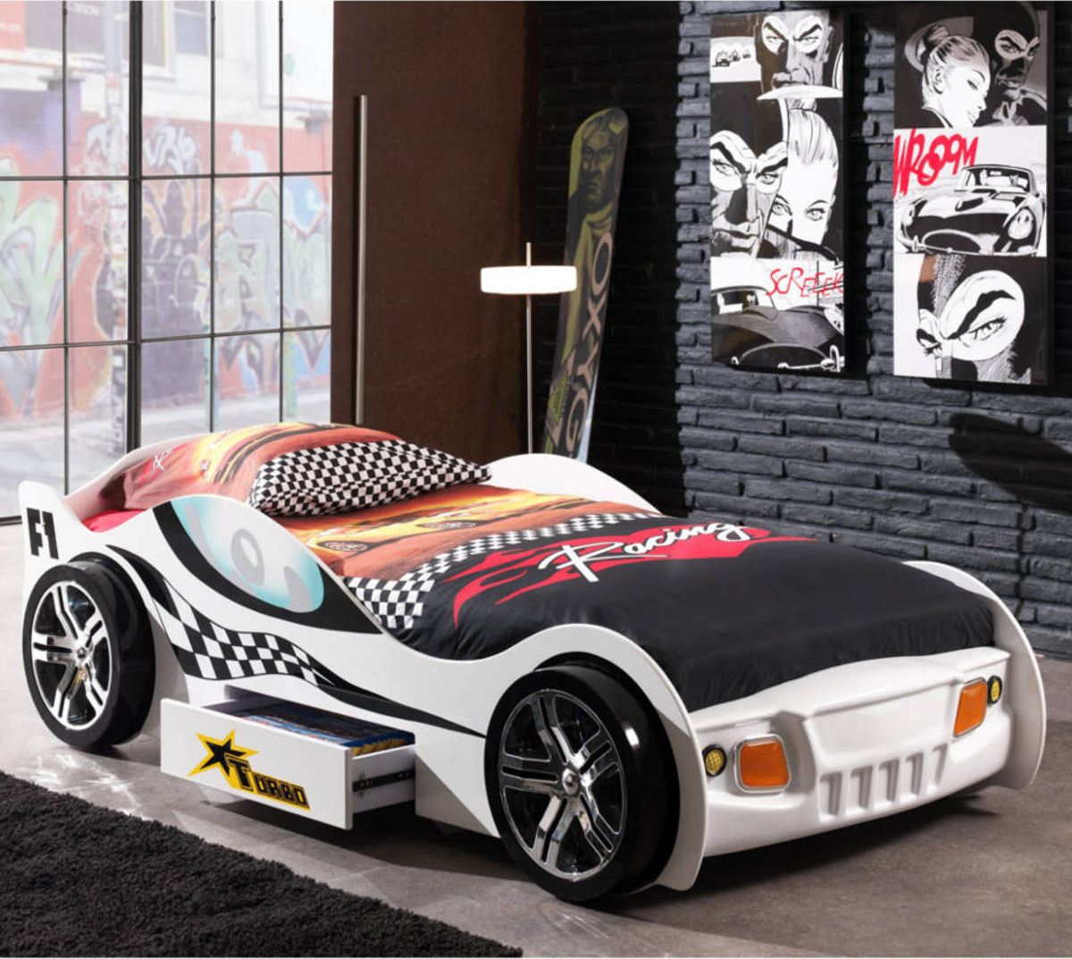 Dětská postel VIPACK FURNITURE Car Turbo Racing bílá 200x90 cm - obrázek 1