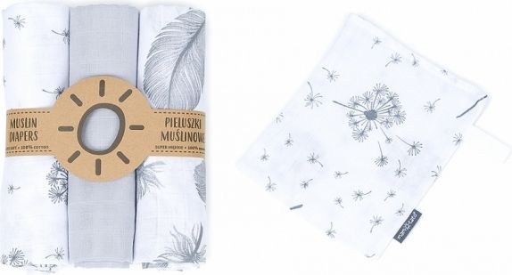 Mamo Tato Mušelínové plenky 3ks + žínka zdarma - pírka, šedá, pampelišky - obrázek 1