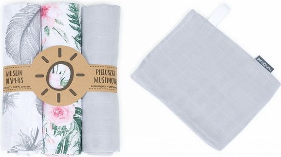 Mamo Tato Mušelínové plenky 3ks + žínka zdarma - šedá, květy, pírka - obrázek 1
