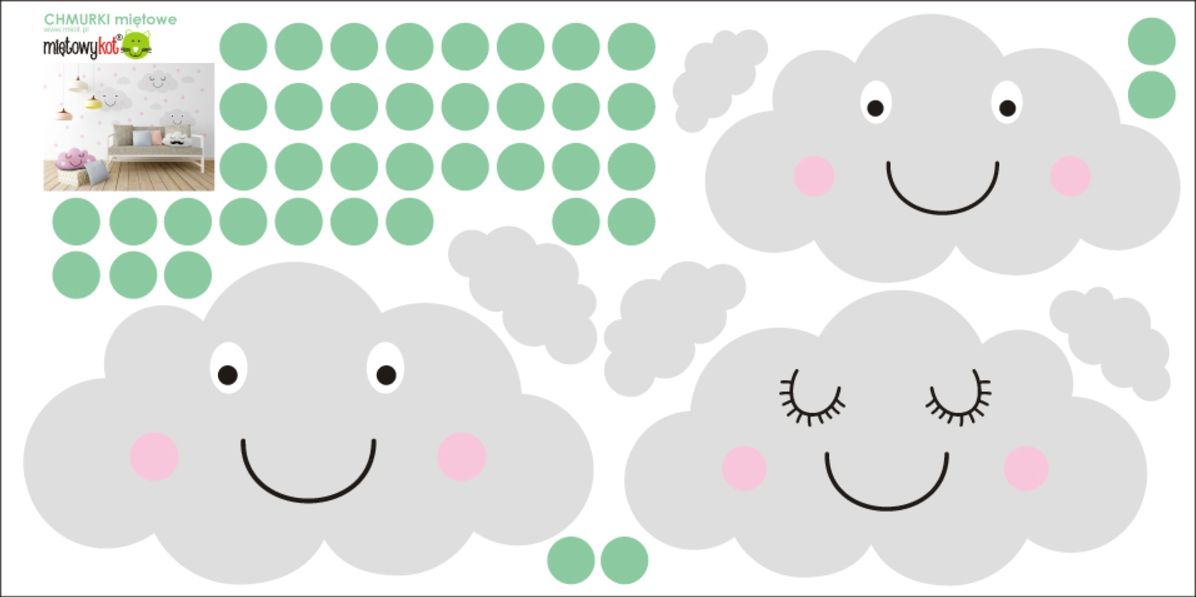 Samolepka na zeď Mint Kitten Clouds Dots 6068-0, 47 ks - obrázek 3