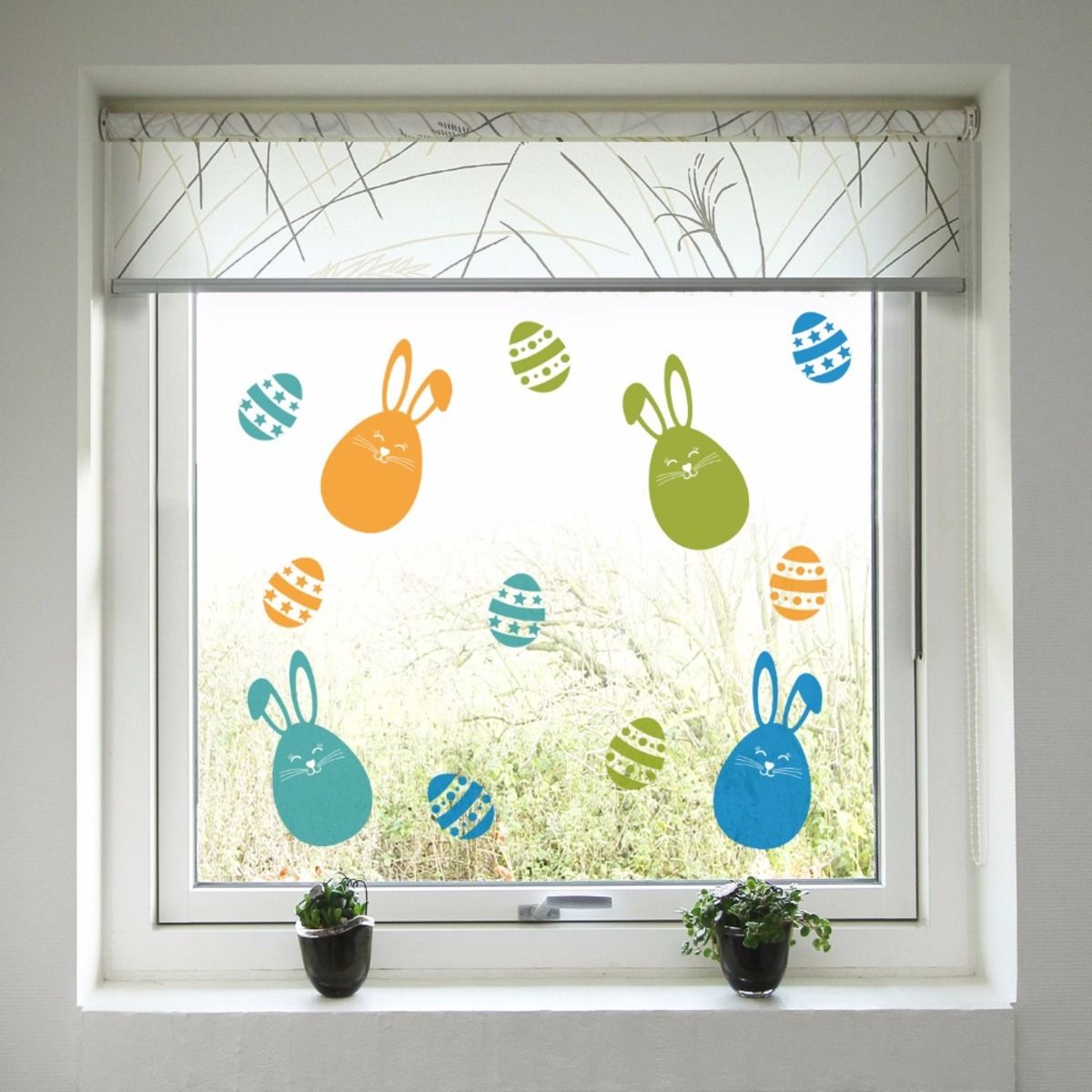Velikonoční dekorace na okno - Barevní zajíčci a kraslice  60x40 - obrázek 1
