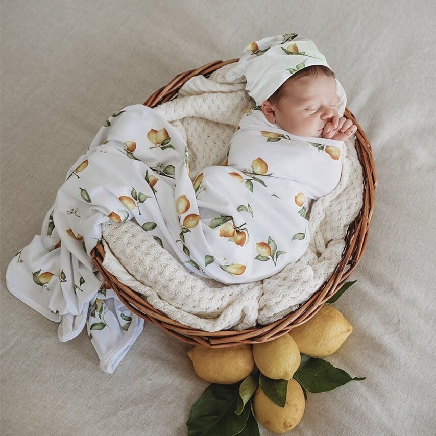 Snuggle Hunny Kids Bavlněná zavinovačka / šátek s čepičkou set Lemon - obrázek 1