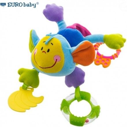 Euro Baby Závěsná edukační hračka s chrastítkem a kousátkem - Opice - modrá - obrázek 1