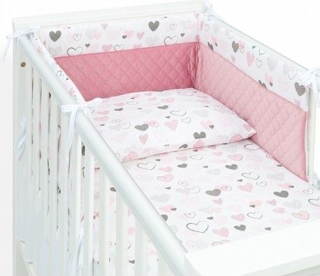 Mamo Tato 3-dílný set do postýlky s mantinelem Velvet - Srdíčka / růžový, Velikost povlečení 135x100 - obrázek 1