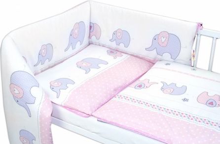 Baby Nellys 3-dílná sada - mantinel s povlečením Sloni - růžové, Velikost povlečení 135x100 - obrázek 1