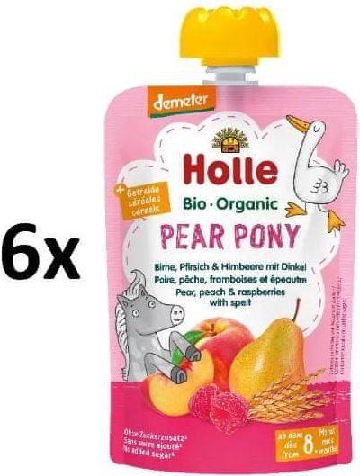 Holle Bio Pear Pony 100% ovocné pyré hruška, broskev, maliny a špalda - 6 x 100g - obrázek 1