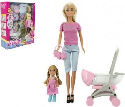 Sada panenka s holčičkou a kočárkem + doplňky plast v krabici 27x34x9cm - obrázek 1