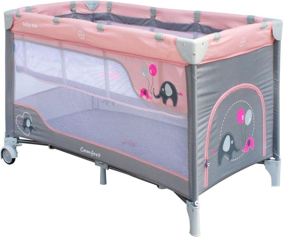 Baby Mix Dětská cestovní postýlka Baby Mix Sloni Pink - obrázek 1