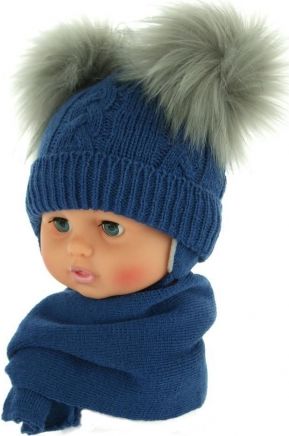 BABY NELLYS Zimní čepička s šálou - chlupáčkové bambulky - tm. modrá - obrázek 1