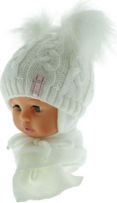 BABY NELLYS Zimní čepička s šálou - chlupáčkové bambulky - bílá/bílé - obrázek 1