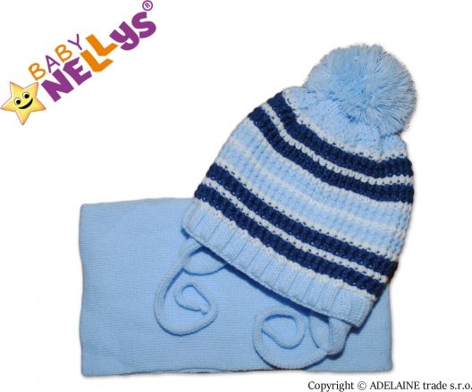 BABY NELLYS Zimní pletená čepička se šálou - pruhovaná modrá - obrázek 1