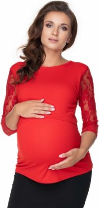 Be MaaMaa Těhotenské a kojící tričko, dl. rukáv - krajkový, červené, vel. L/XL - obrázek 1