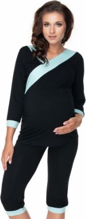 Be MaaMaa Těhotenské, kojící pyžamo 3/4 - černé, zelené lemování, vel. L/XL - obrázek 1