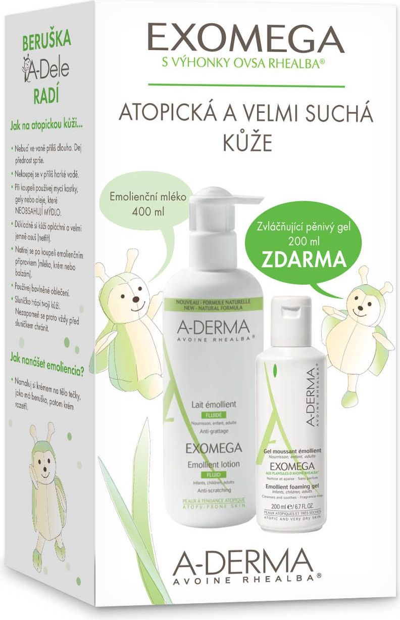 A-DERMA EXOMEGA Emolienční mléko 400ml + Zvláčňující pěnivý gel 200ml - obrázek 1