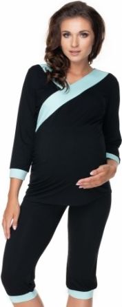 Be MaaMaa Těhotenské, kojící pyžamo 3/4 - černé, zelené lemování, Velikosti těh. moda L/XL - obrázek 1