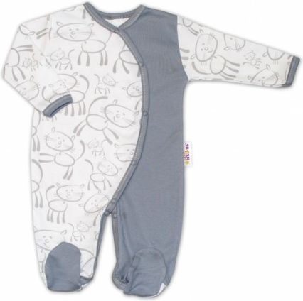 Baby Nellys Bavlněný overálek Kočičky - šedo/bílé, Velikost koj. oblečení 56 (1-2m) - obrázek 1