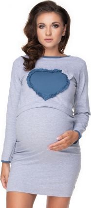 Be MaaMaa Těhotenská, kojící noční košile srdce, dl. rukáv - šedá, vel. XXL - obrázek 1