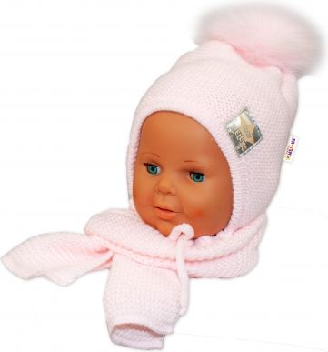 Baby Nellys Zimní čepička s šálou - chlupáčková bambulka - sv. růžová/sv. růžová - obrázek 1