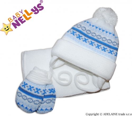 Baby Nellys Sada - čepička, šál a rukavičky - vzorovaná bílá - obrázek 1