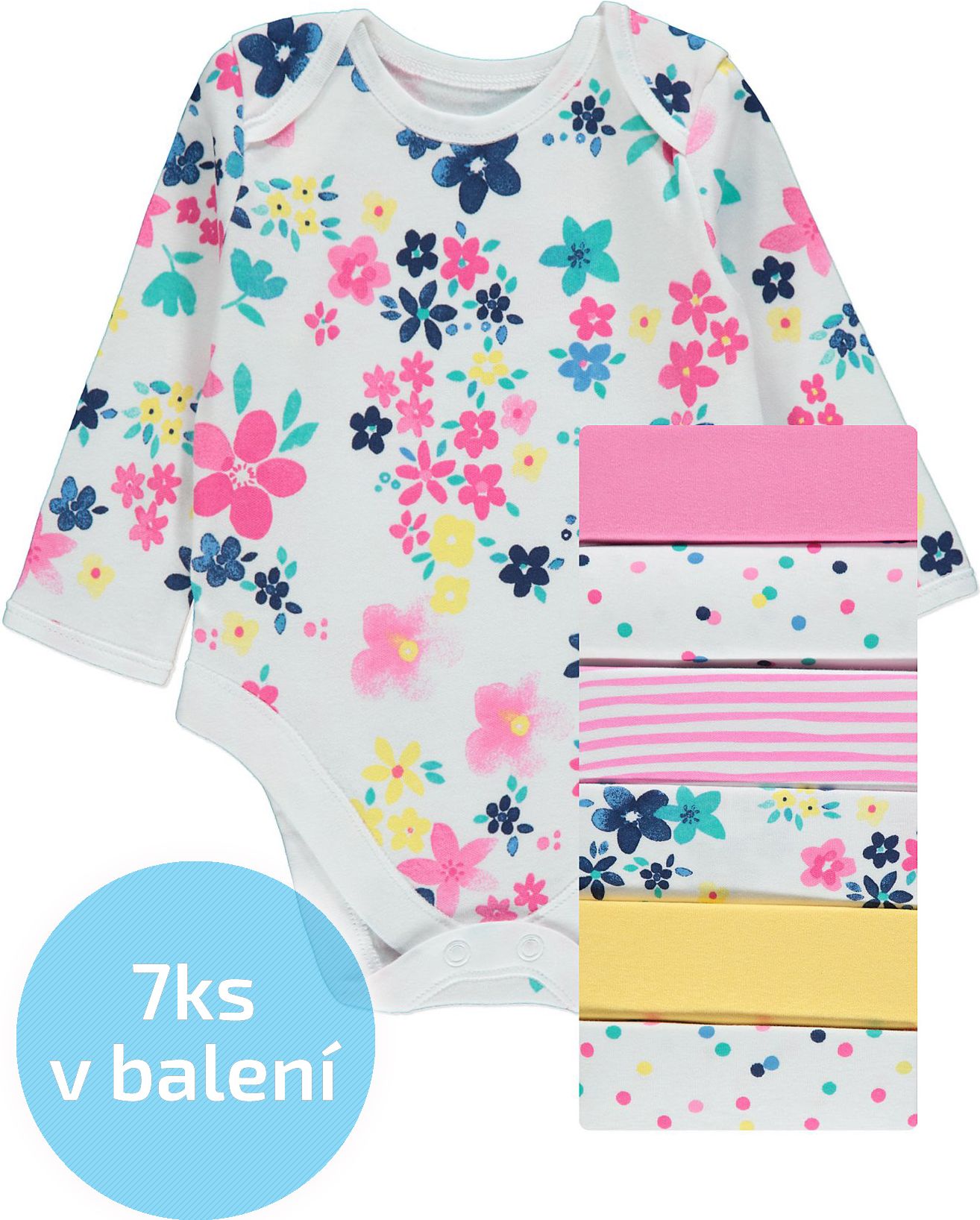 Kojenecké body GEORGE, 7ks v balení, dlouhý rukáv, motiv květiny Velikost: 68 - 74cm (6 - 9 měsíců) - obrázek 1