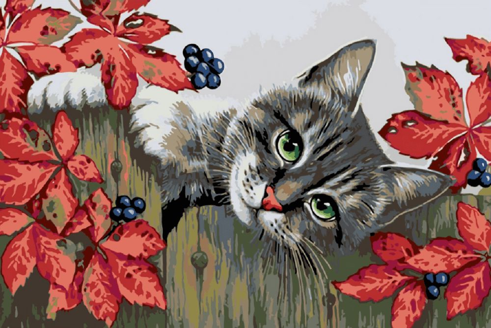 Maluješ Malování podle čísel - KOTĚ NA PLOTĚ MEZI LISTY - 40x60, nevypnuté - obrázek 1