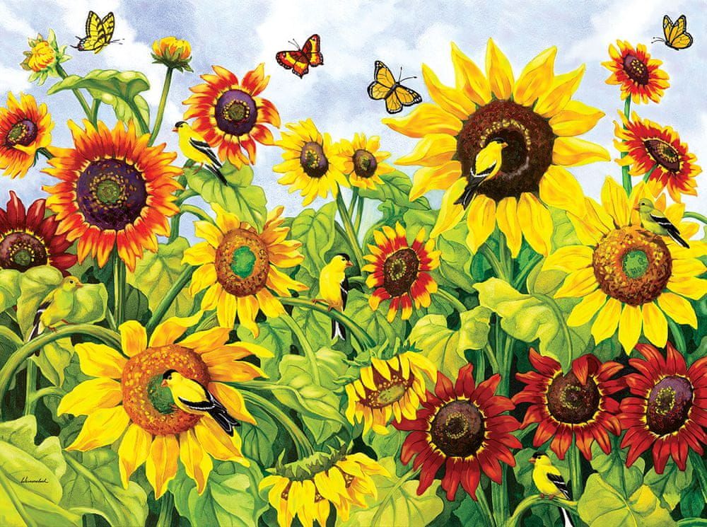 SunsOut Puzzle 1000 dílků Nancy Wernersbach - Sunflowers & Goldfinches - obrázek 1