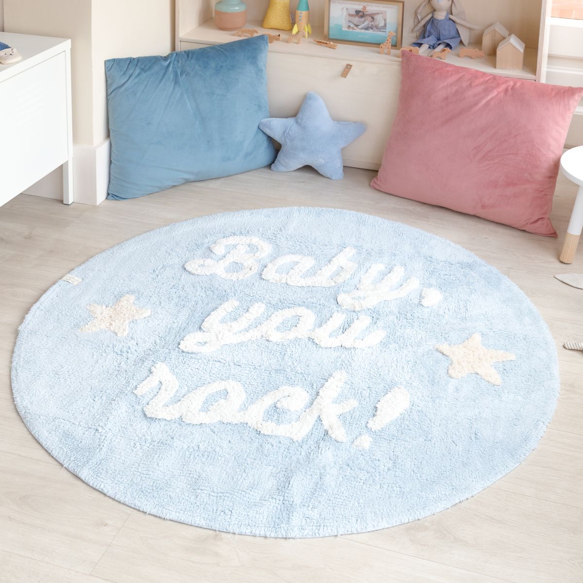 Koberec Ourbaby Baby, you rock ! 30264-0 kruh průměr 120 cm bílá modrá - obrázek 1