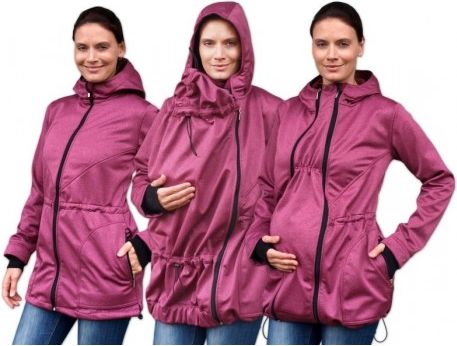 Bunda pro nosící, těhotné - softshellová (přední nošení), vínový melír, Velikosti těh. moda L/XL - obrázek 1