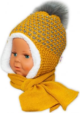 Baby Nellys Zimní čepička s kožíškem a šálou - hořčicová - obrázek 1