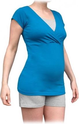 Těhotenské, kojící pyžamo, krátké - tm.tyrkys/šedý melír, Velikosti těh. moda L/XL - obrázek 1